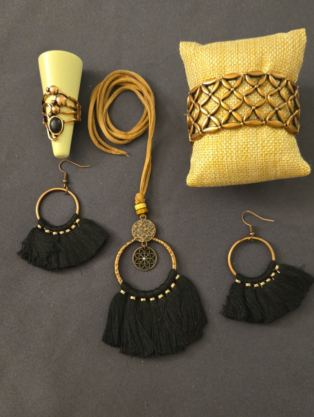 Bohemian Black Tassel Hoop Necklace and Earring Set - Unbranded